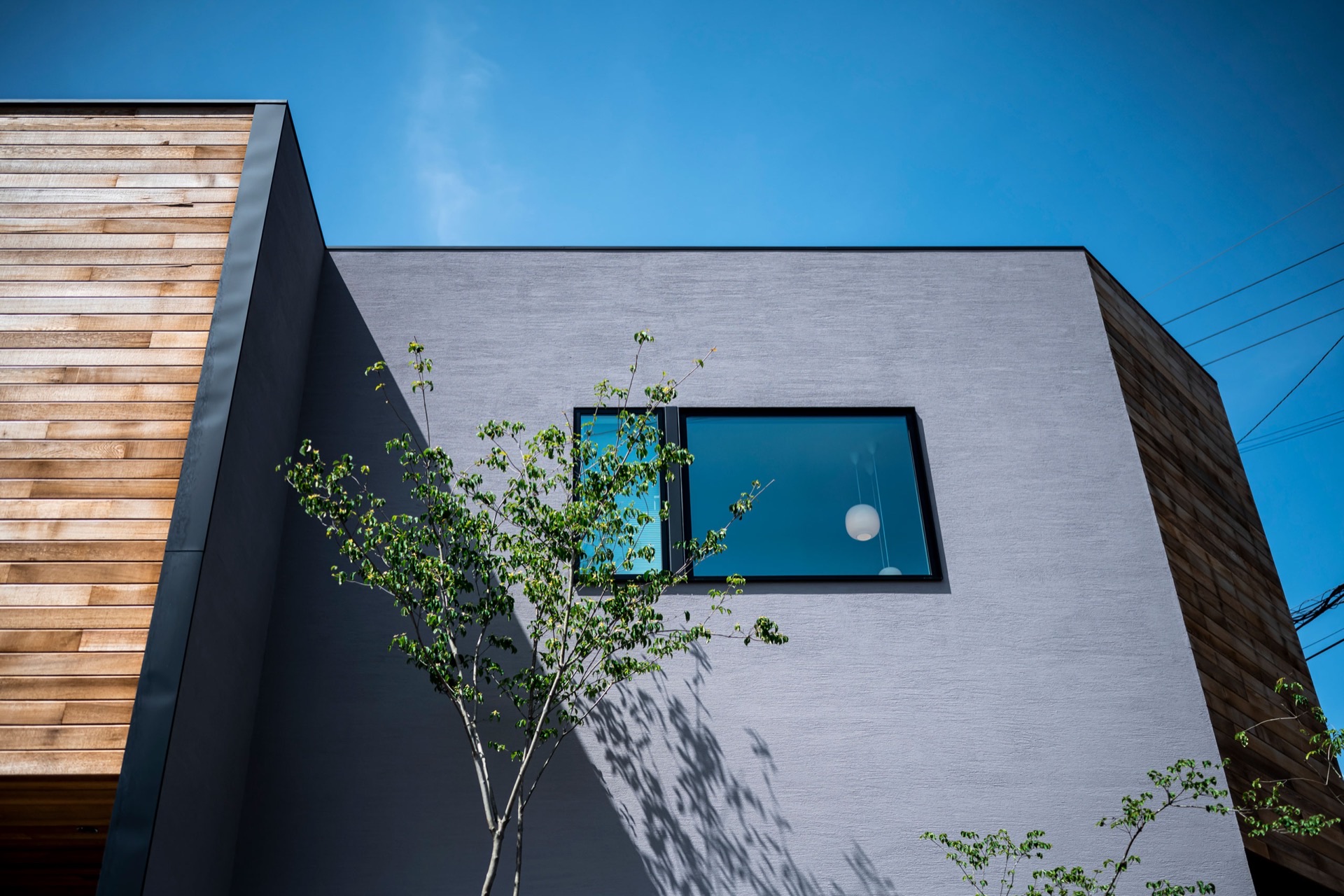 Black, white and wood siding facade