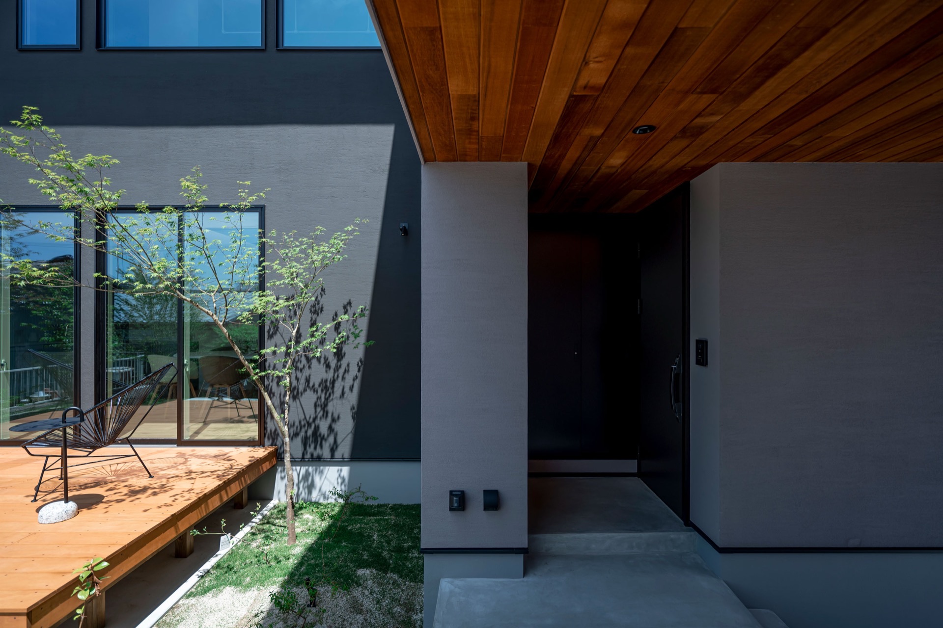 Courtyard and garage at night