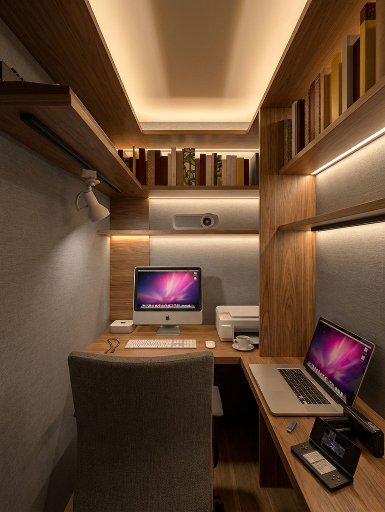 Interior perspective with shelves surrounding the workspace