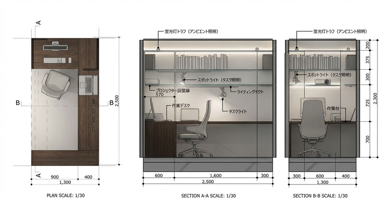 Plan drawing of the booth layout and shelving system